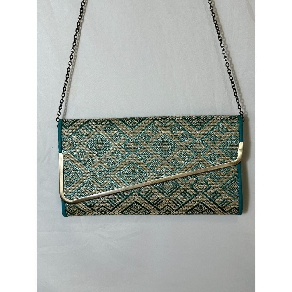 Teal Woven Clutch with Detachable Chain Strap